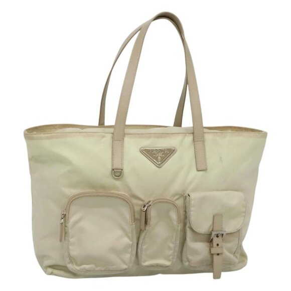 PRADA Tote Bag Nylon Ivory Silver Auth 114933 - Picture 1 of 16
